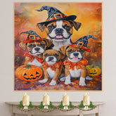 Boxer Dog Halloween Canvas Wall Art with Pumpkins and Witch Hats Rustic Fall Accent for Cozy Farmhouse Homes on Ready to Hang 1.5" Thick Canvas Wrap, Floating Framed Canvas, Flat Rolled Canvas